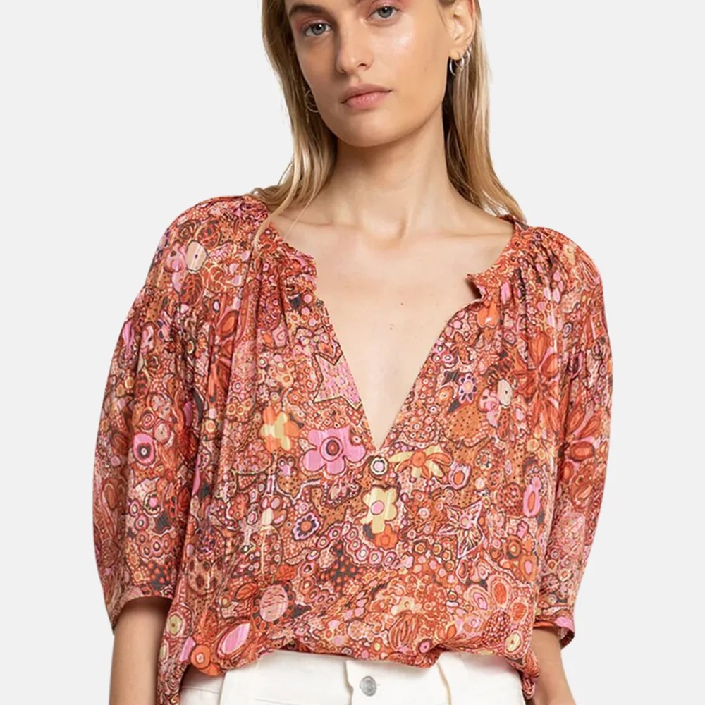 A.L.C. Printed Peasant Blouse in Orange and Pink